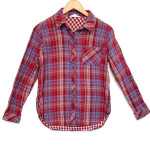 Vanilla Star Cotton ‎ Plaid Shirt Woman Medium  Button Up Red Blue  Western M54